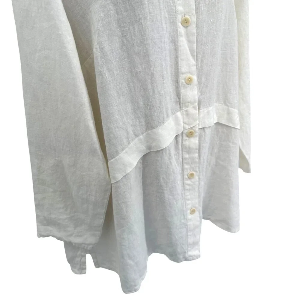 NWOT Flax Womens White Linen Button Front Blouse Long Sleeve Relaxed Fit Size M
